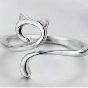 Japanese or Korean INS Style Silver Cat Oil Drip Ring Adjustable Size Cat Ears